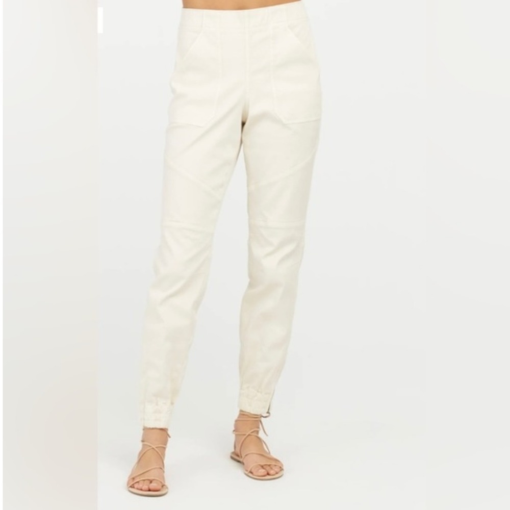 Spanx M Cream Knit Stretch Twill Ponte Zippered Ankle Jogger Denim Pants 20319R‎